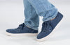 Person wearing Men&#39;s Blue/White Stitch BILLY Sneaker Low Tops; ideal for diabetes, plantar fasciitis, bunions, wide feet, orthotics.