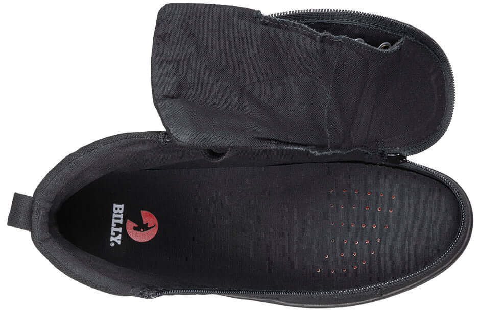 BILLY CS 2.0 men's black adaptive high top sneakers with side zipper open showing full access insole, ideal for diabetic feet and AFO use