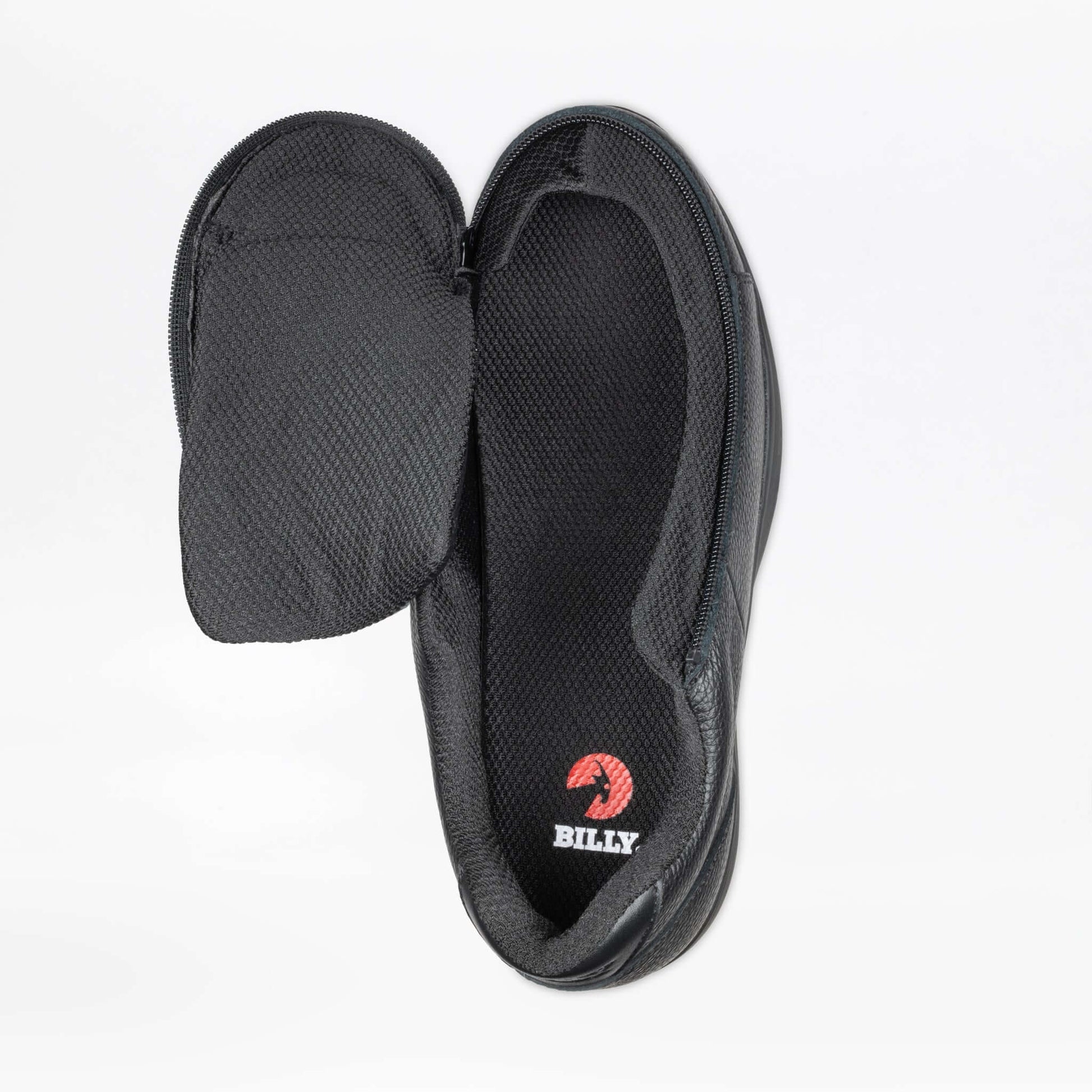 BILLY Comfort Plush men's black leather comfort shoes opened flat via side zipper, ideal for diabetic feet and arthritis