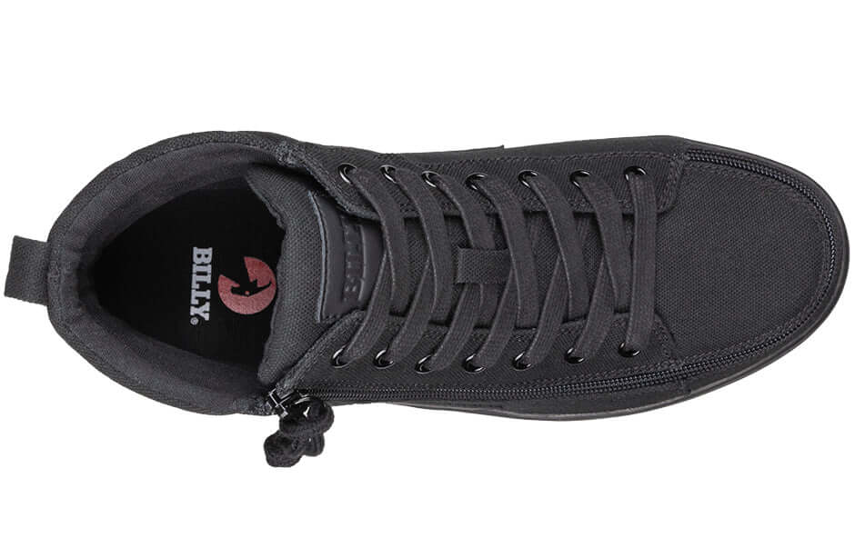 Top view of men's black adaptive high top sneakers by BILLY Footwear with side zipper, ideal for diabetic feet and arthritis