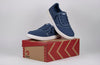 Men&#39;s Blue/White Stitch BILLY Sneaker Low Tops on box, ideal for diabetes, plantar fasciitis, bunions, wide feet, and orthotics.