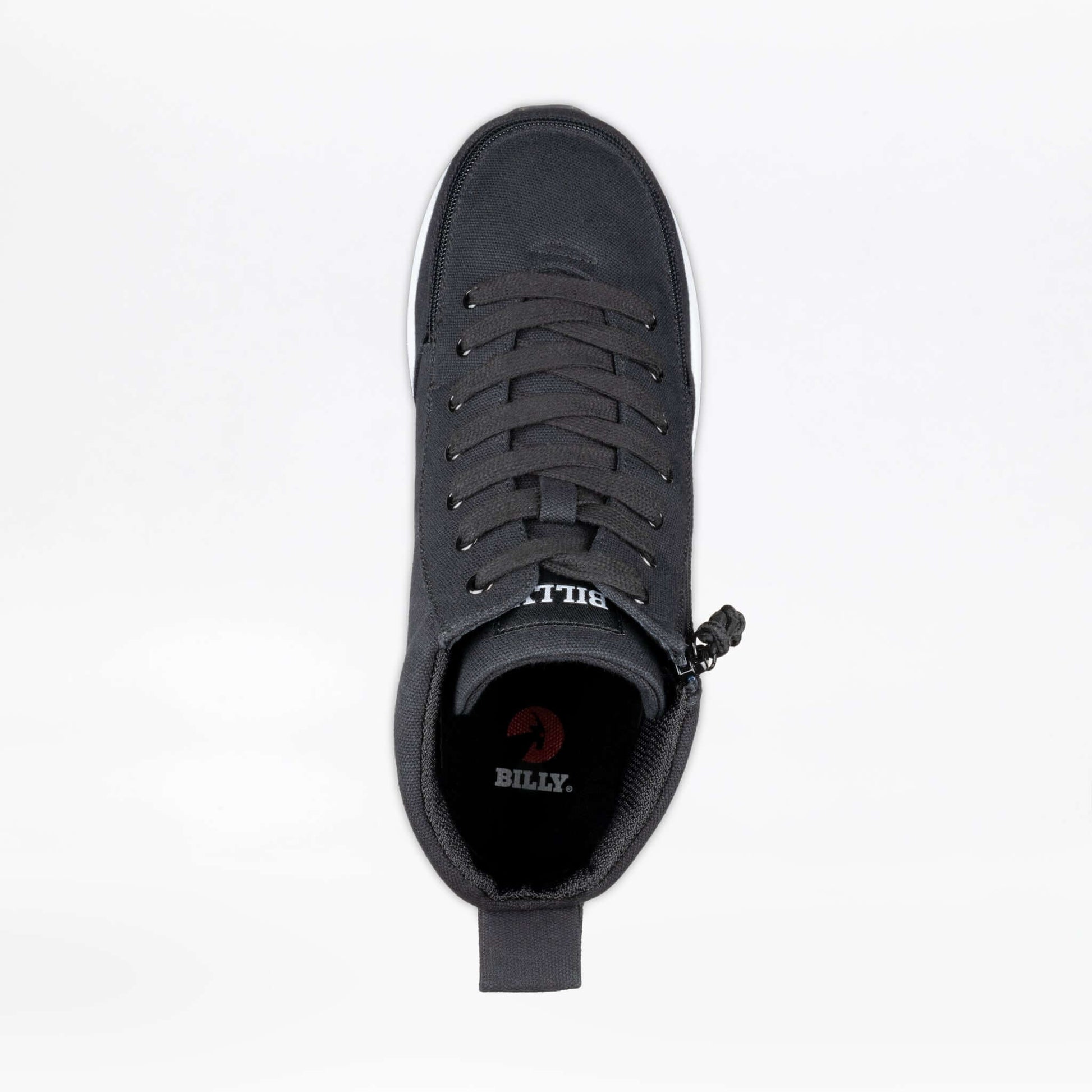 Top view of black BILLY Goat Classic men's AFO-friendly high top shoes with side zipper open, ideal for orthotic accommodation
