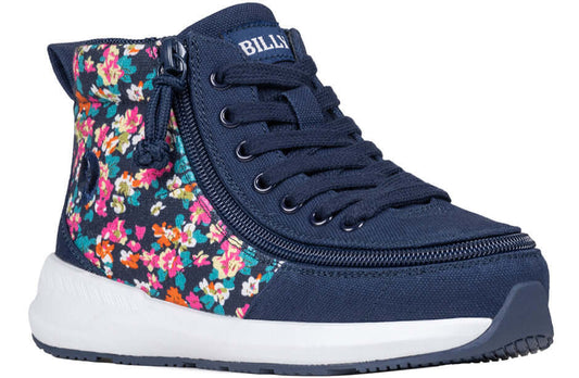Navy floral BILLY Goat Classic kids' high top, AFO-ready with wraparound zipper and extra-depth fit