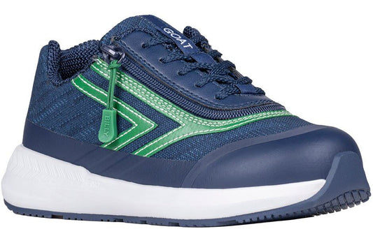 Navy and green BILLY Goat Classic kids' high top, AFO-ready with wraparound zipper and extra-depth fit