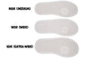 Comparison of shoe insoles showing Medium, Wide, and Extra-Wide widths for BILLY Classic High Tops, ideal for various foot shapes.