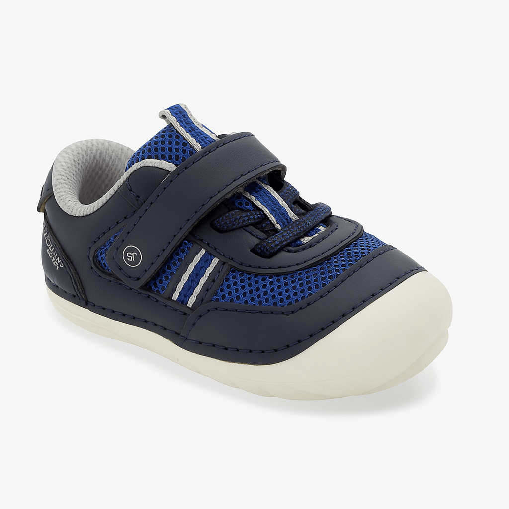 Stride Rite Soft Motion Apollo toddler first walking shoes in navy blue with hook-and-loop closure and elastic laces