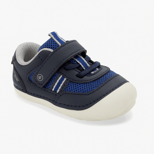 Stride Rite Soft Motion Apollo toddler first walking shoes in navy blue with hook-and-loop closure and elastic laces