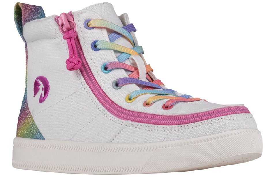 White Rainbow BILLY Classic Lace Highs with colorful laces and zipper, kids shoe designed for easy on and off.