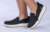 Women&#39;s black BILLY Comfort Mocs, perfect for wide feet, diabetes, plantar fasciitis, and orthotics. Faux leather and rubber tread.