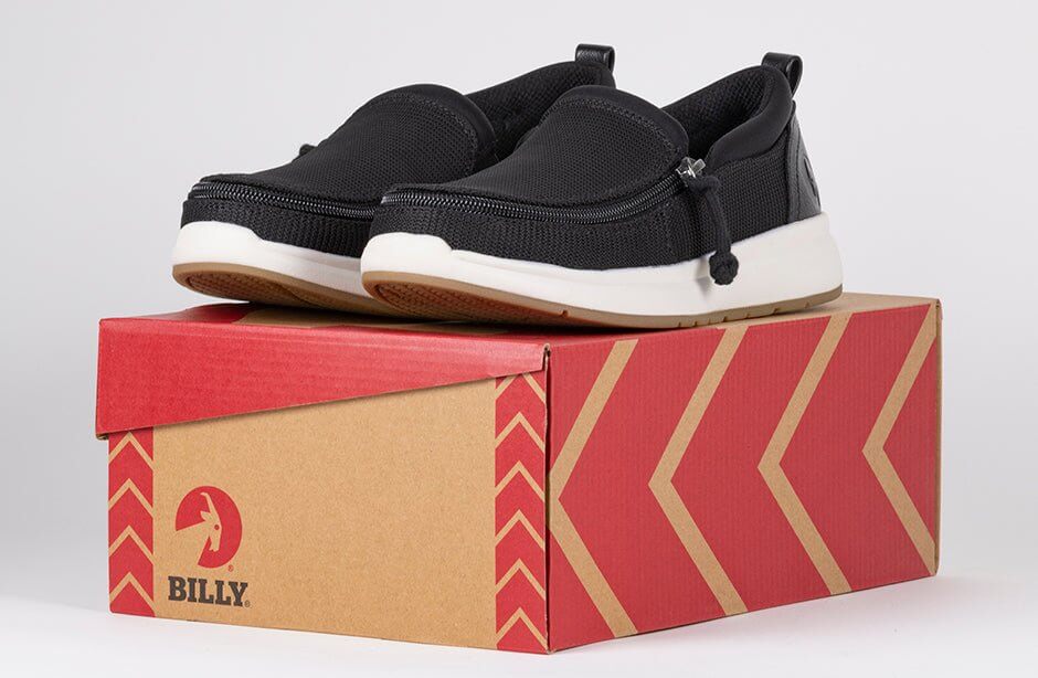 Women's Black BILLY Comfort Mocs for Diabetes, Plantar Fasciitis, and Orthotics on shoe box.