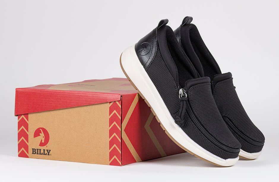 Women's Black BILLY Comfort Mocs on box, ideal shoes for diabetes, plantar fasciitis, bunions, wide feet, orthotics, and wheelchair use.