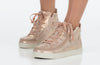 Women&#39;s Rose Gold BILLY Sneaker Lace Mid Tops with wraparound zipper for wide feet, diabetic-friendly footwear.