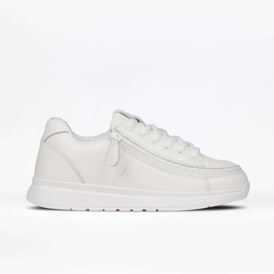 Women's white leather BILLY Comfort Plush adaptive shoe with wraparound side zipper and extra depth