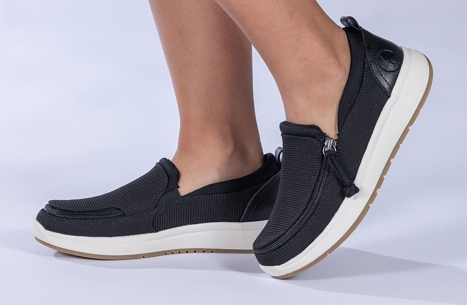 Women's black BILLY Comfort Mocs, perfect for wide feet, diabetes, plantar fasciitis, and orthotics. Faux leather and rubber tread.