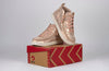 Women&#39;s Rose Gold BILLY Sneaker Lace Mid Tops on box, ideal for diabetes, plantar fasciitis, bunions, wide feet, and orthotics.