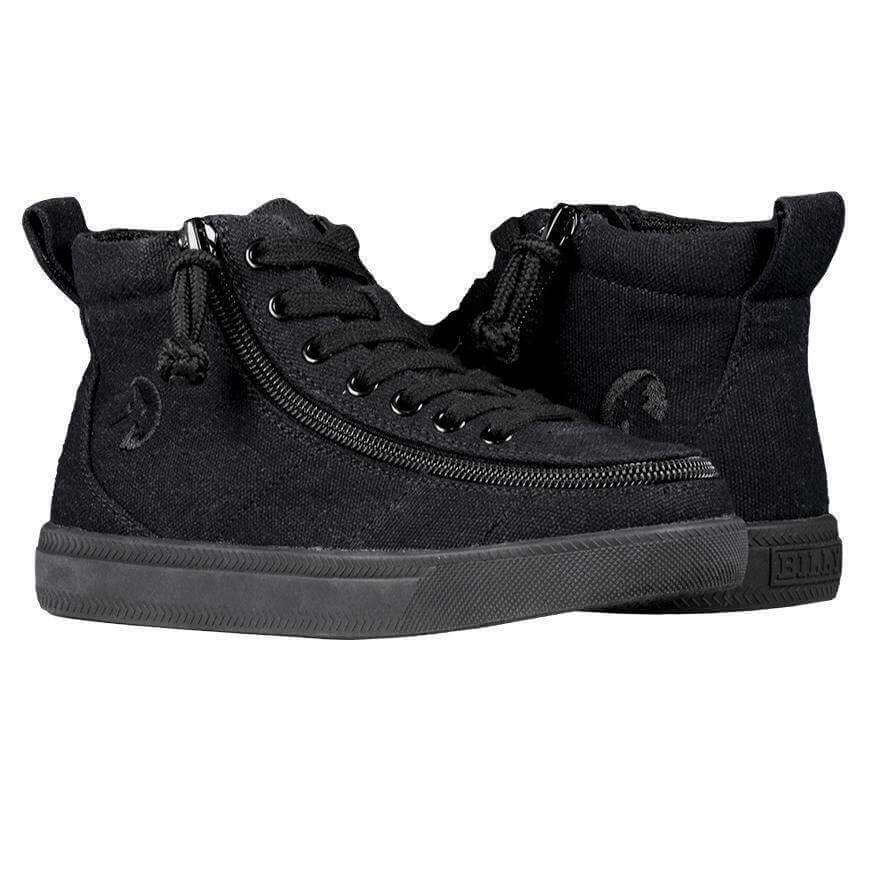Billy Classic Kids Black High Top Adaptive Sneaker with zippers and laces for easy on and off, showcasing functional FlipTop Technology.
