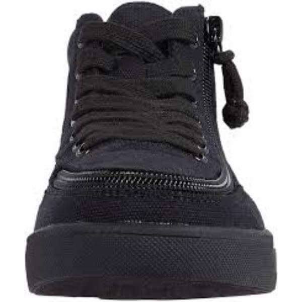 Front view of Billy Classic Kids Black High Top Adaptive Sneaker with laces and side zipper, featuring EasyOn technology for kids.