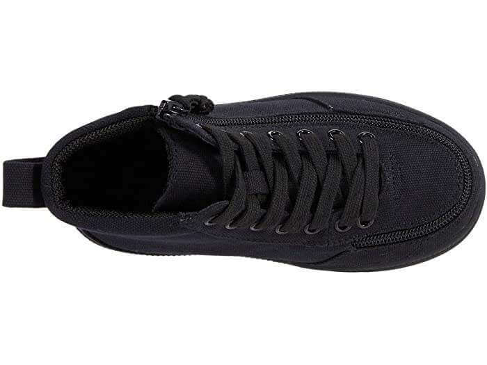 Top view of Billy Classic Kids Black High Top Adaptive Sneaker with zipper and laces, showcasing EasyOn feature for quick wear and removal.