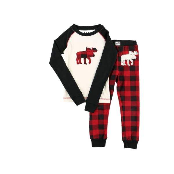 LazyOne Kids Moose Plaid Long Sleeve Red Pajamas