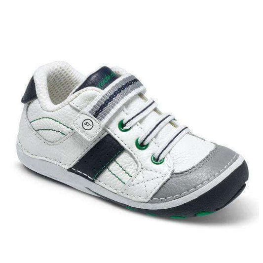 Stride Rite Artie boys' toddler sneaker in white and navy leather with a flexible sole