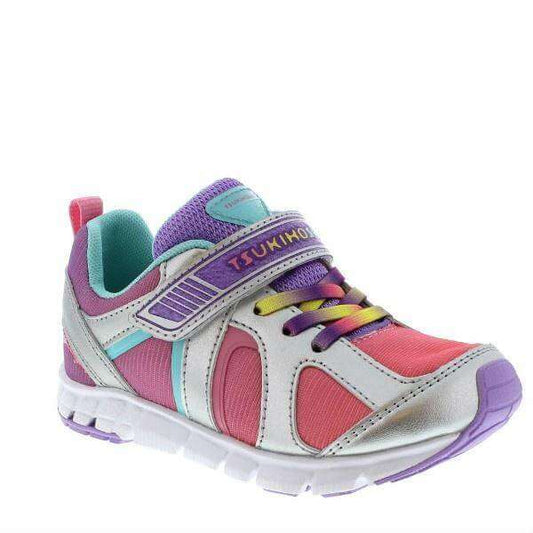 Tsukihoshi Rainbow girls' running shoe in silver and lavender, lightweight and machine washable