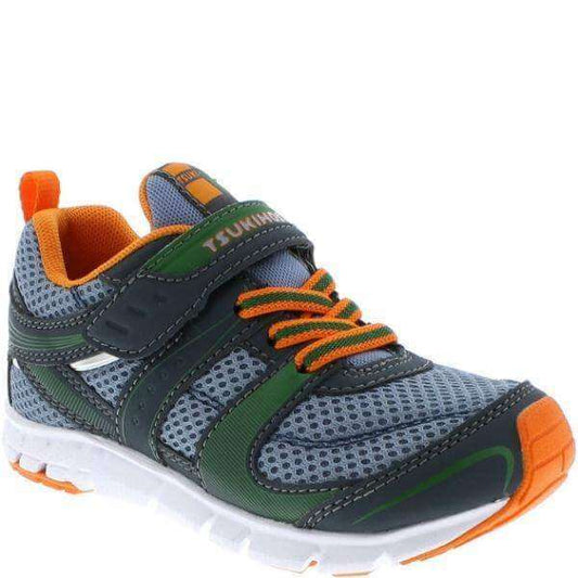 Tsukihoshi Velocity boys' running shoe in charcoal and sea blue, lightweight and machine washable